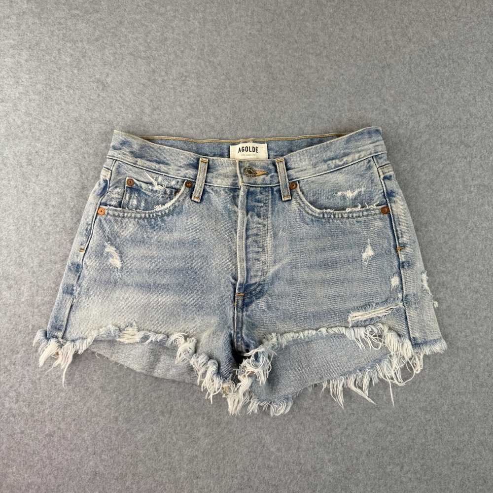 AGOLDE Parker High Rise Distressed Denim Short Light Wash Button Fly Size 25 - Picture 1 of 6